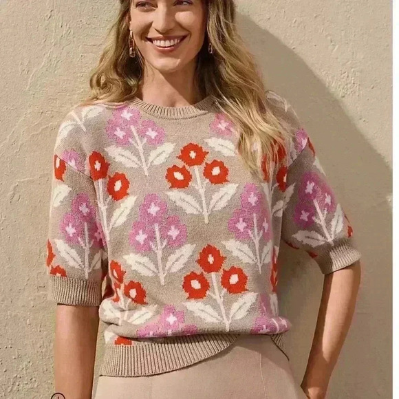 Ann Taylor Floral Graphic Quarter Sleeve Knit Top - Petite Large - Picture 3 of 10
